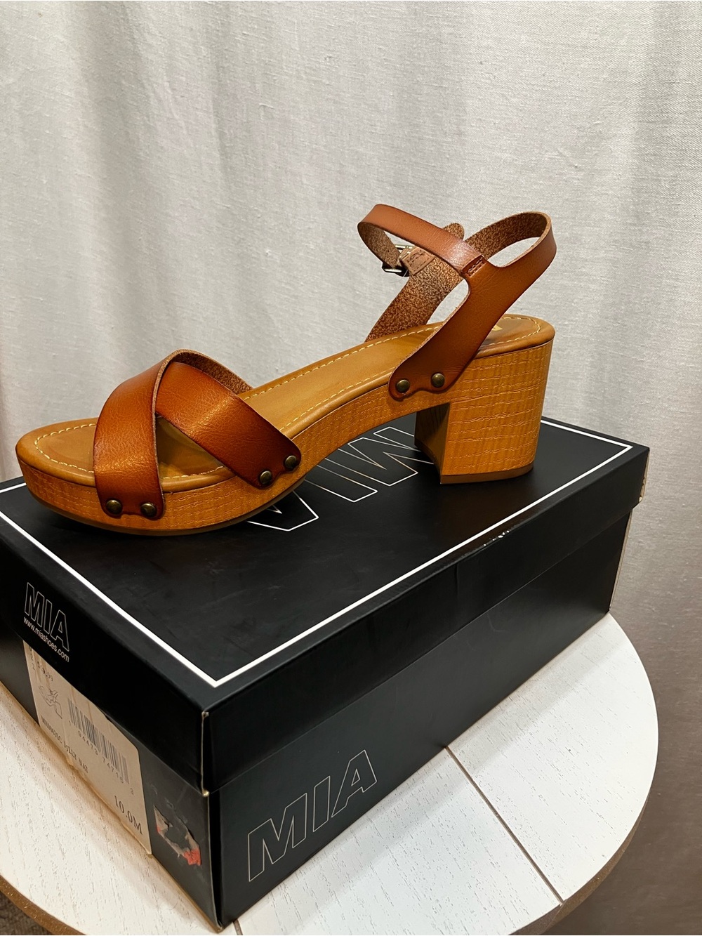 MIA Cognac Leather Cross-Strap Block Heel Sandal 10
